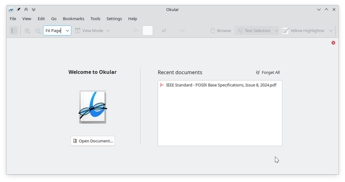 A screenshot of Okular,
KDE's PDF document viewer. The application shows its welcome page, with a button
to open a new document beside a list of recently opened documents. The latter
contains an entry for a PDF of the POSIX Base Specifications.